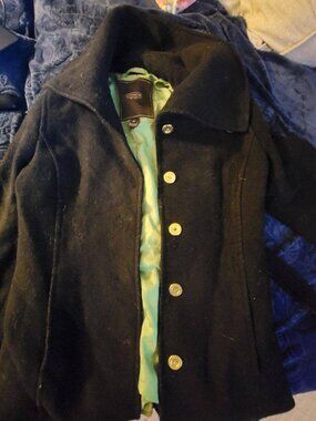 Coach Black Wool Button Front Coat Funnel Neck Green Logo Lining